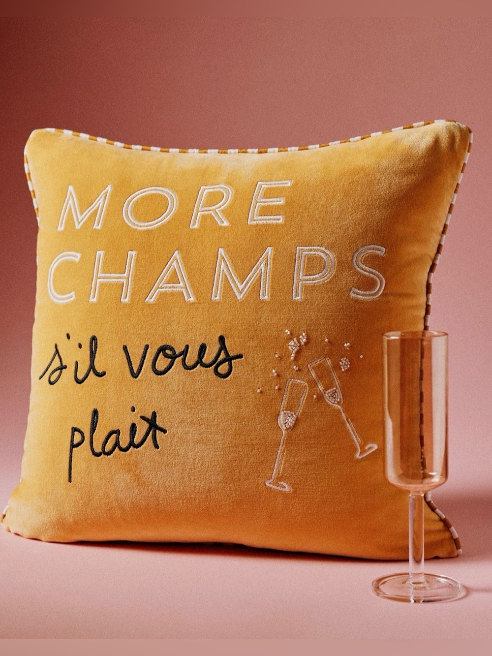 Anthropologie Yellow and White “Champagne” Velvet and Bead Embroidered Pillow